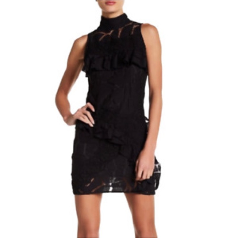 IRO Black lace ruffle mini mock neck tank dress Size 40